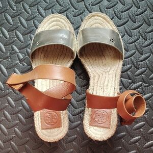 Tory Burch Tan and Silver Espadrille Sandals